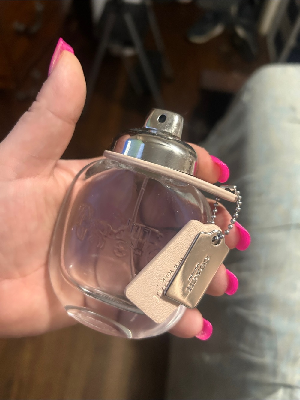 Empty Coach Clear Parfume Bottle with Pale Pink Leather Hang Tags (2tags)